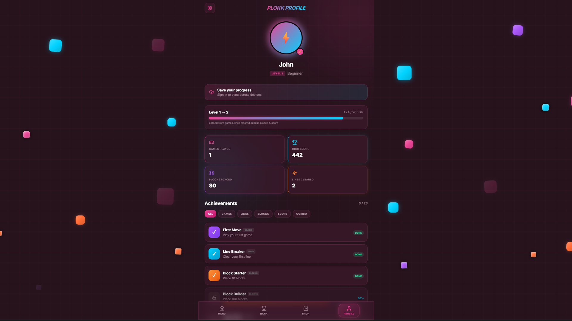 Player profile and achievements